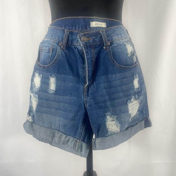 Blue asphalt distressed, folded, ripped,Jean shorts, high rise, size Small - Picture 5 of 5